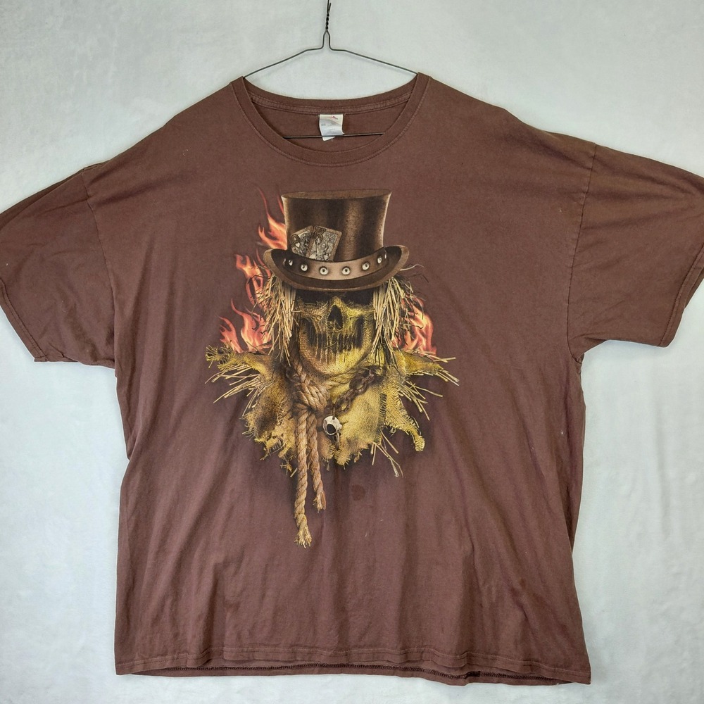 Fruit of the Loom Brown Scarecrow Top Hat Playing Cards Graphic T-Shirt 3XL
